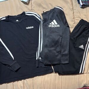 Adidas Kids Black Joggers with White Stripes, long sleeve tee, and zip up hoodie